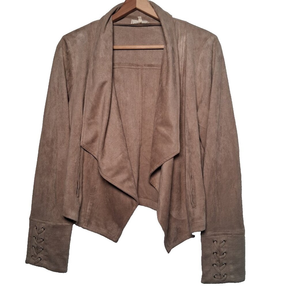 Mystree Faux Suede Blazer Jacket Bolero Women M Beige Open Front Boho Office